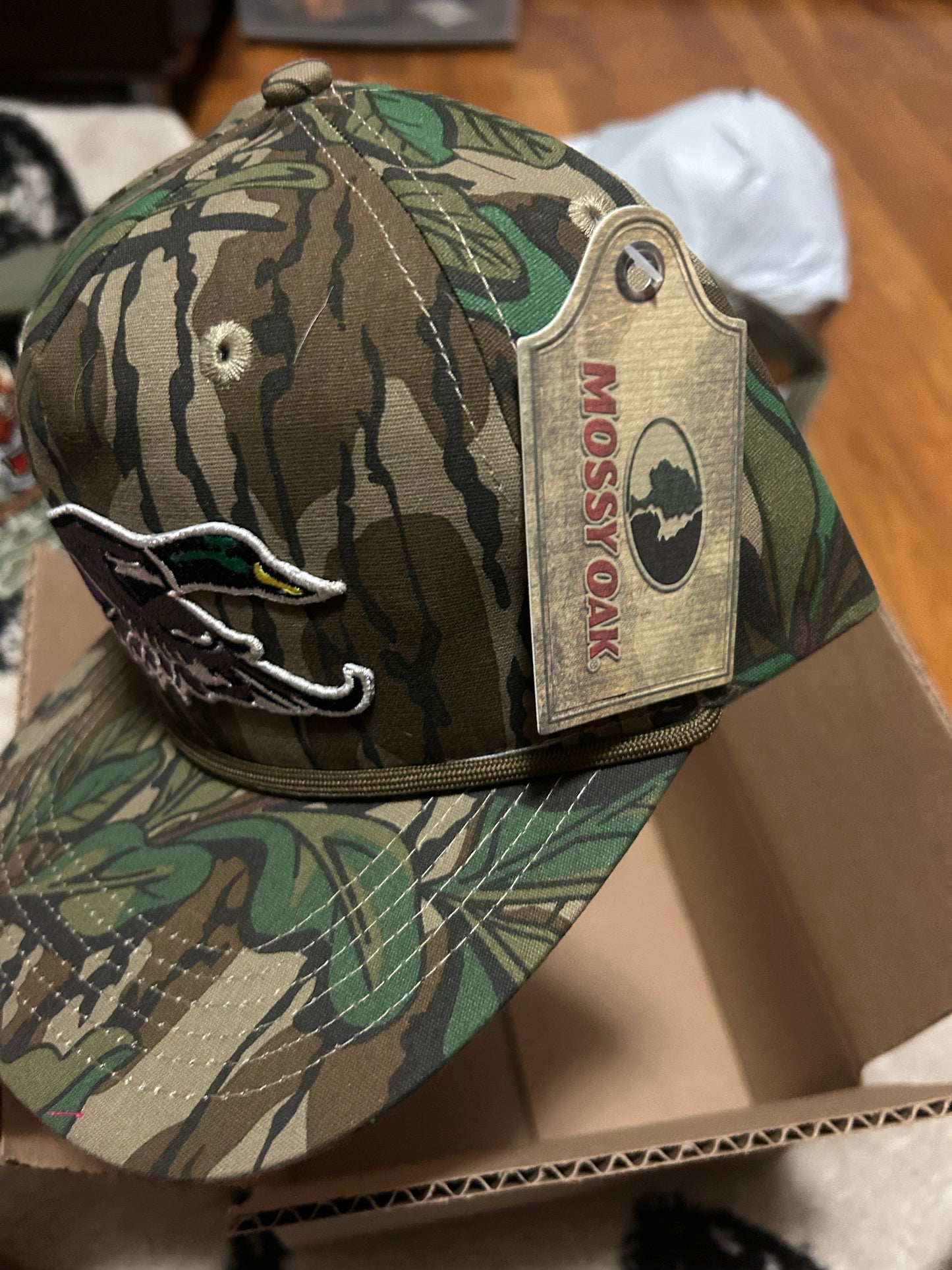 Mallard duck patch on a mossy oak greenleaf Camo Rope brim SnapBack Hat