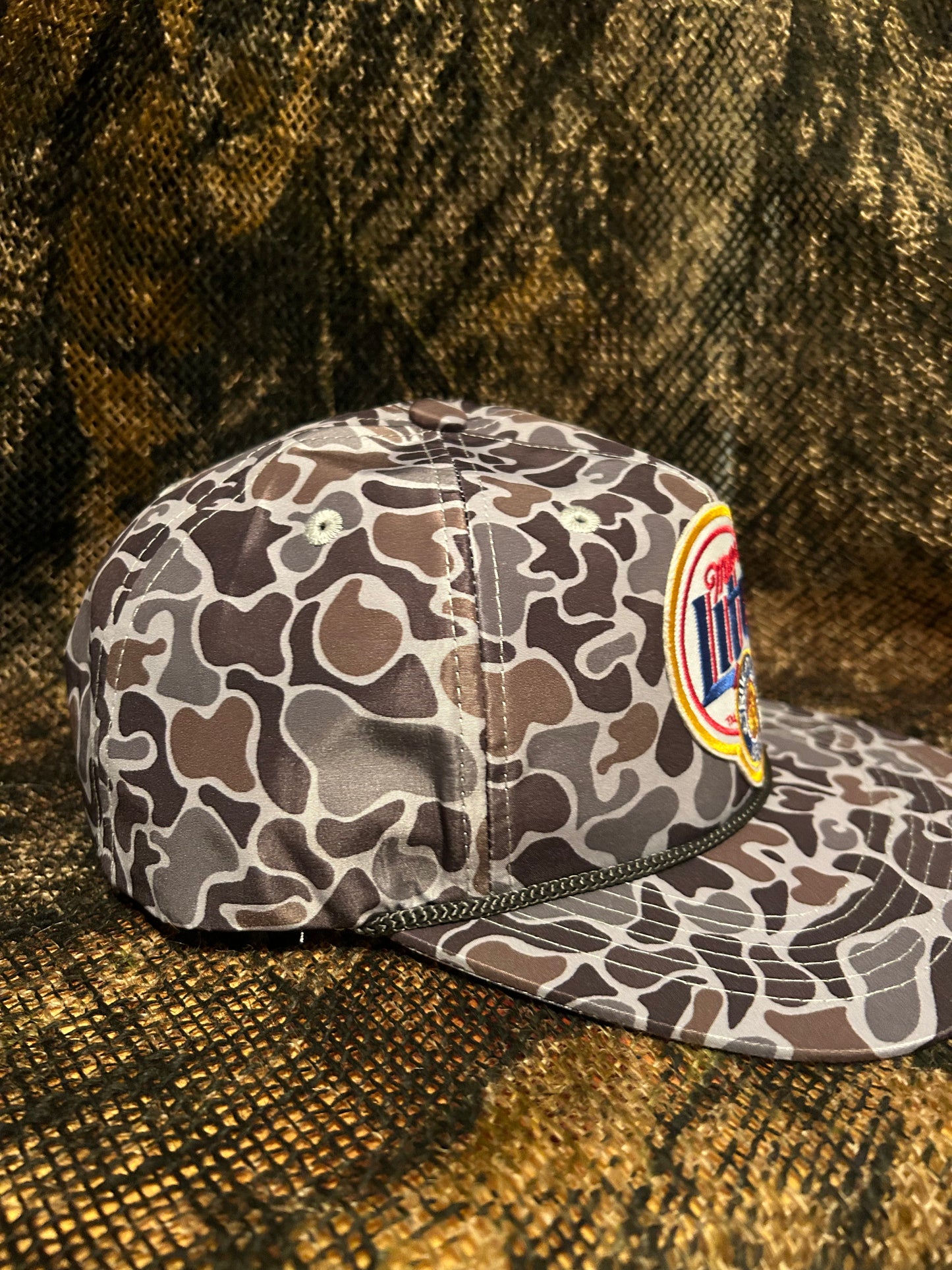 Miller lite patch on a Smokeshow ropebrim SnapBack hat