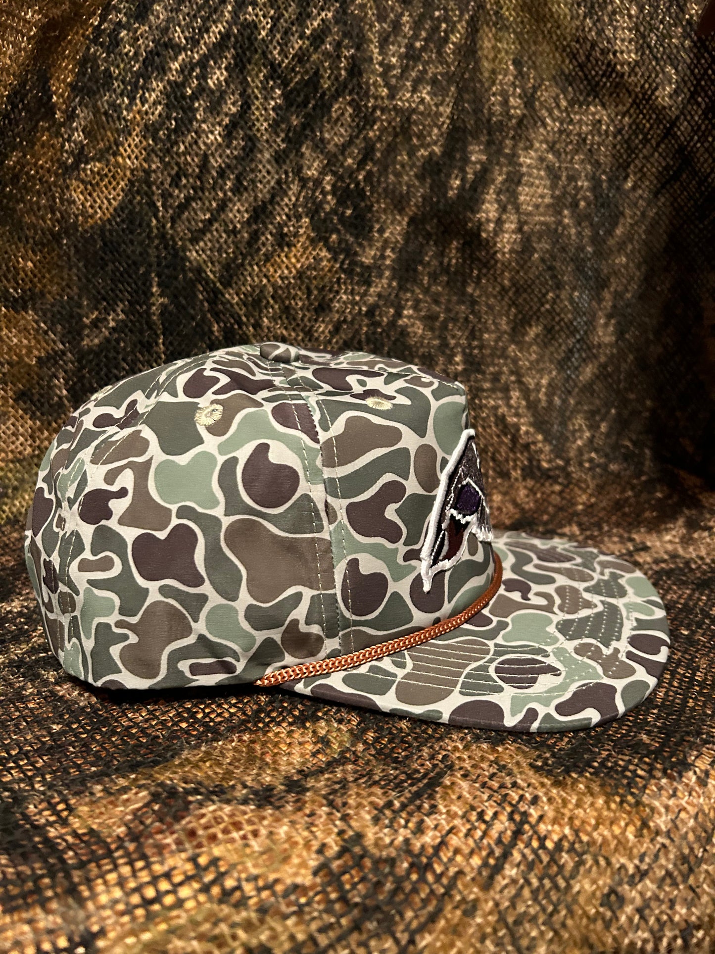 Mallard duck patch on a Jungle Camo Rope brim SnapBack Hat
