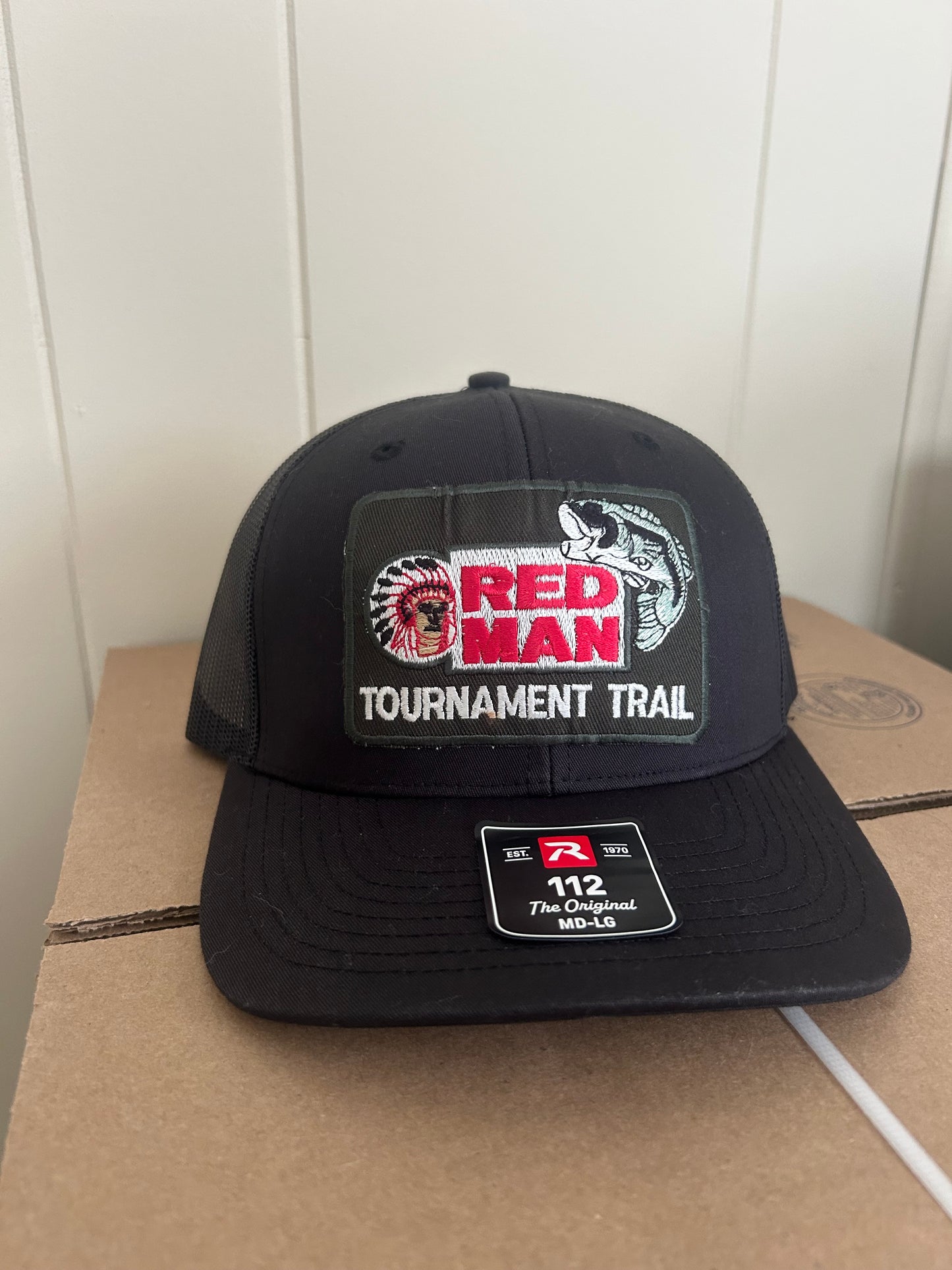 Red Man tournament Trail Black Richardson 112 trucker hat - Bass Fishing Tobacco