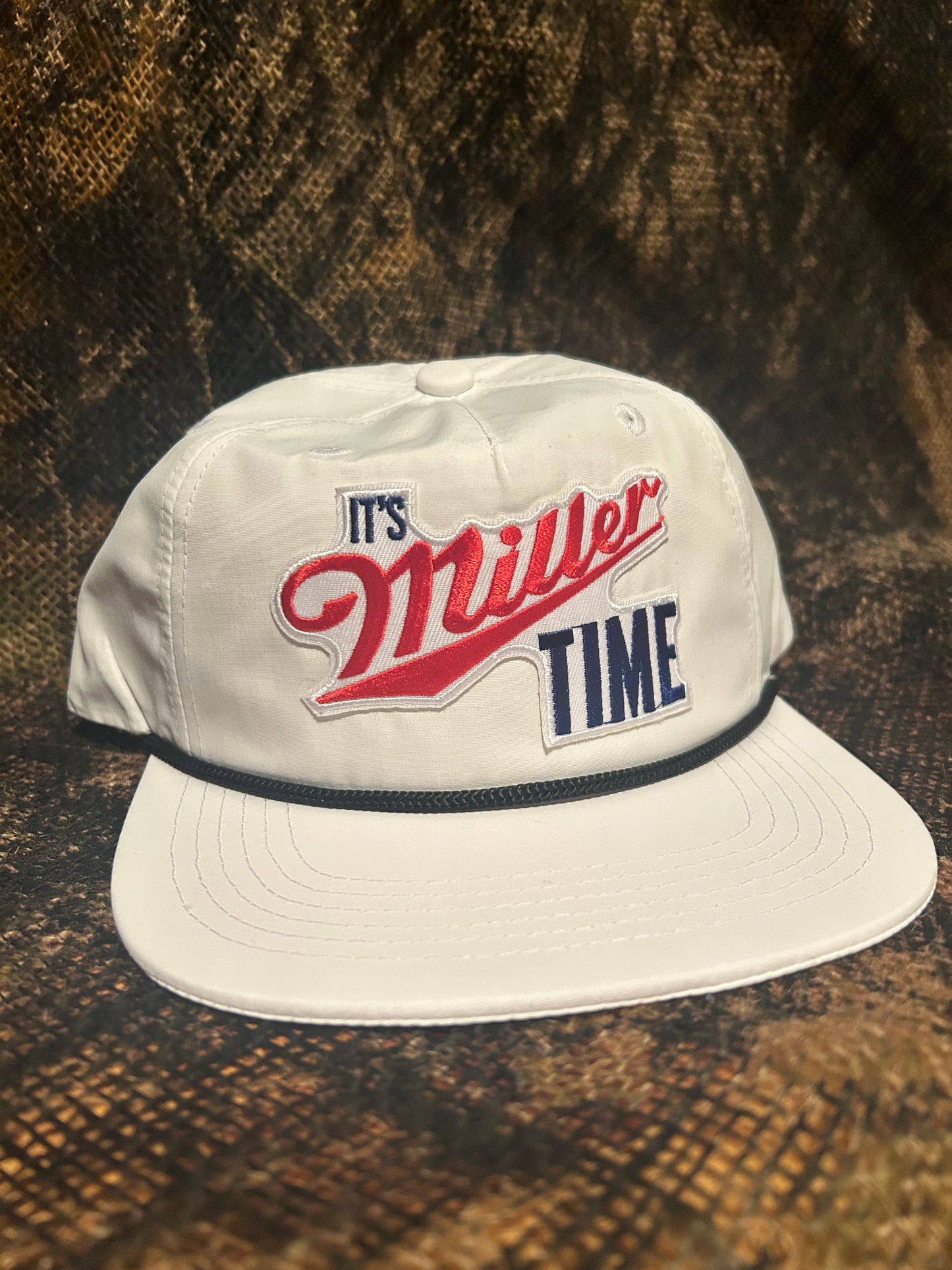 Its Miller Time retro vintage patch on a white  ropebrim SnapBack