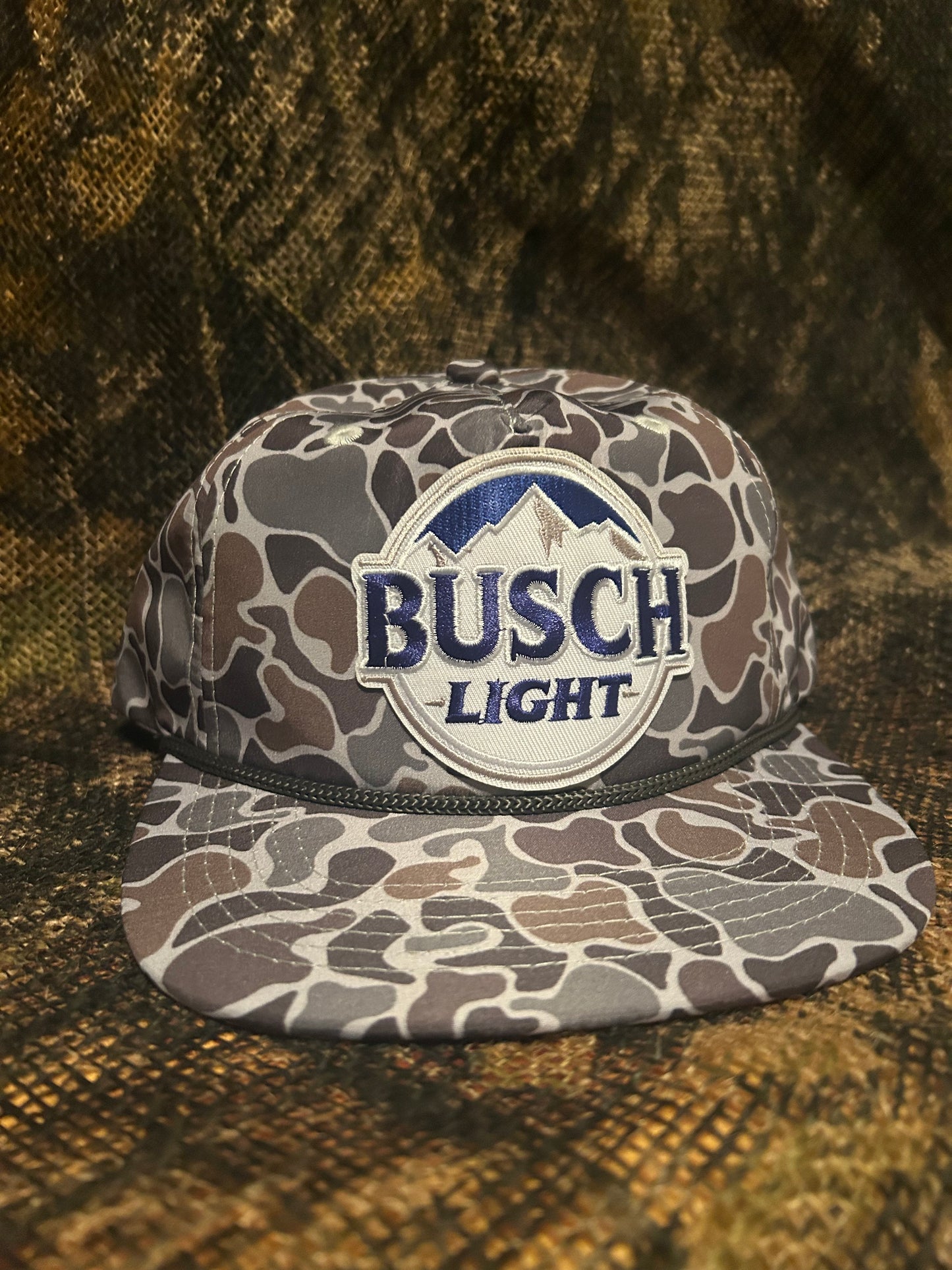 Busch Light retro vintage patch on a smokeshow Camo ropebrim