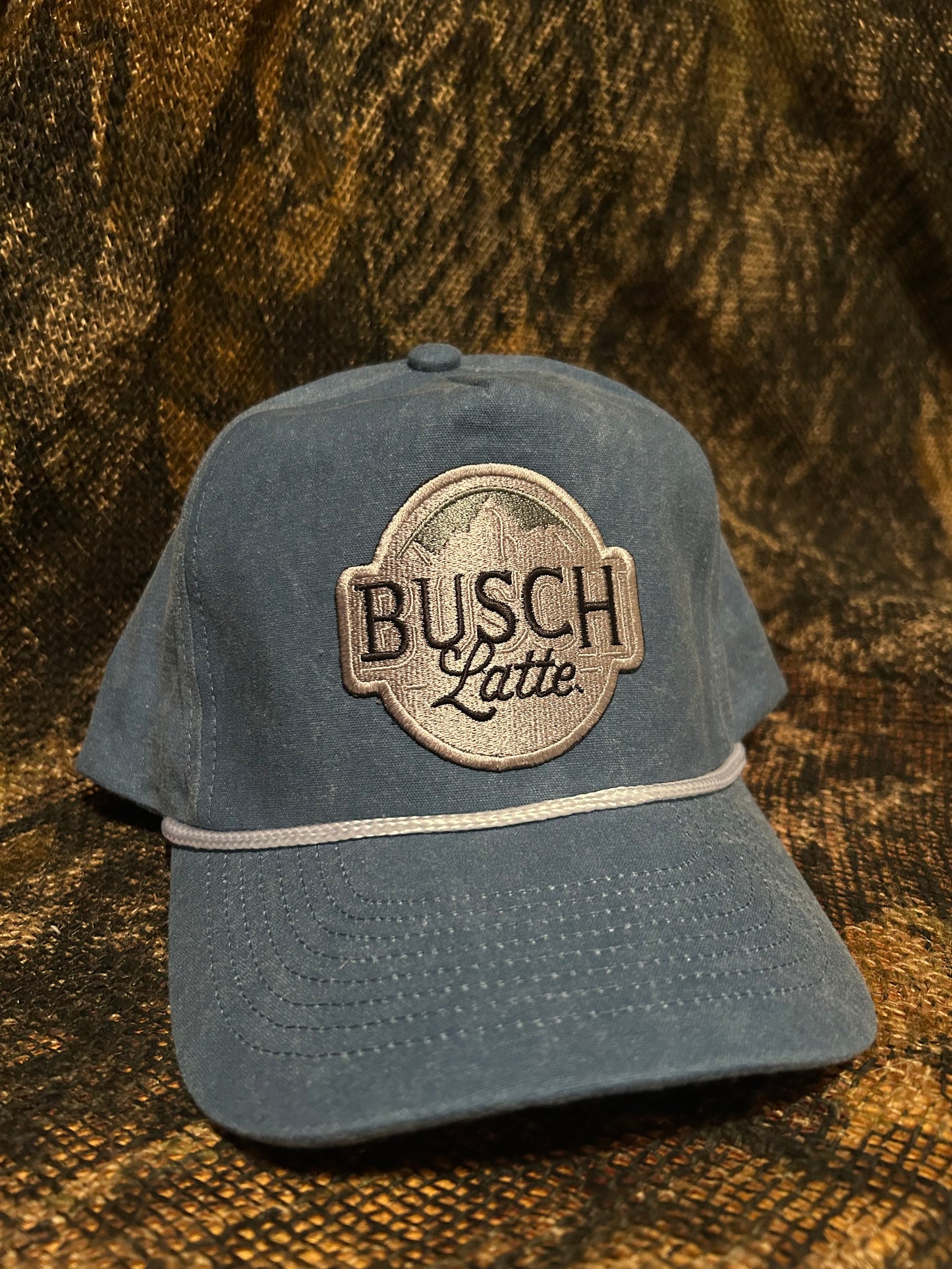 Busch Latte patch on a Baby Blue ropebrim SnapBack hat
