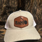 Banjo brand leather patch on a tan SnapBack Trucker hat