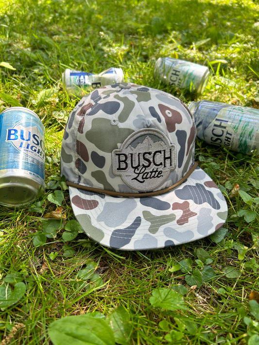 Busch Latte patch on a Camo ropebrim SnapBack