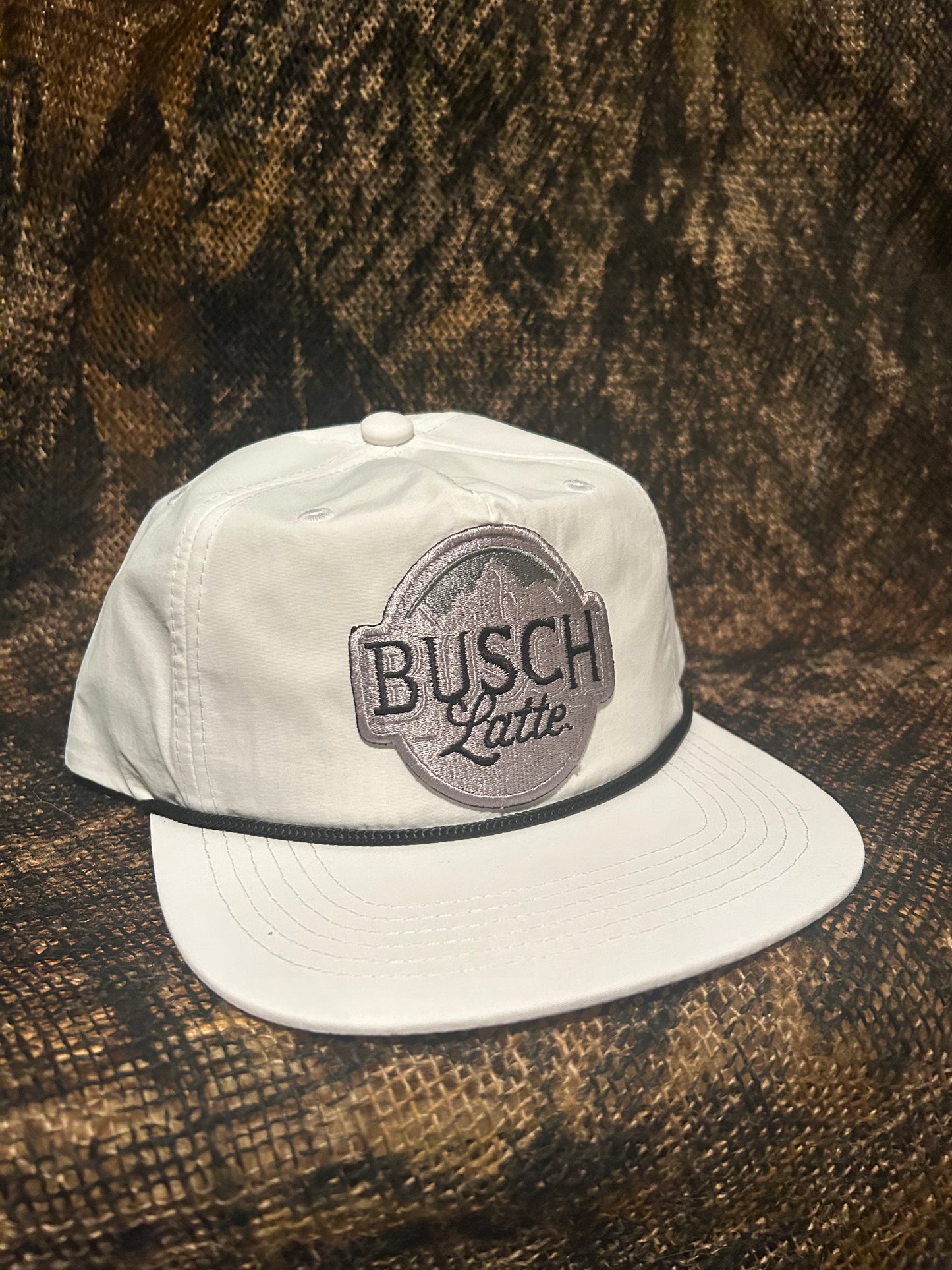 Busch Latte patch on a white rope brim SnapBack hat