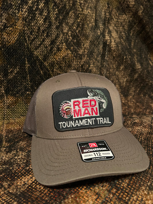 Red Man tournament Trail Olive green Richardson 112 trucker hat - Bass Fishing Tobacco