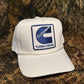 Cummins Turbo Diesel patch on a all white Ropebrim SnapBack hat