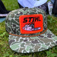 STIHL chainsaw  patch on a jungle Camo ropebrim SnapBack hat