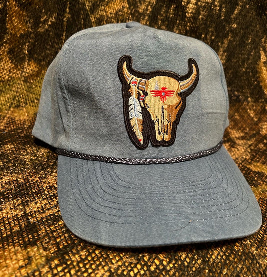 Tribal Bull Skull on a vintage blue rope brim snapback hat