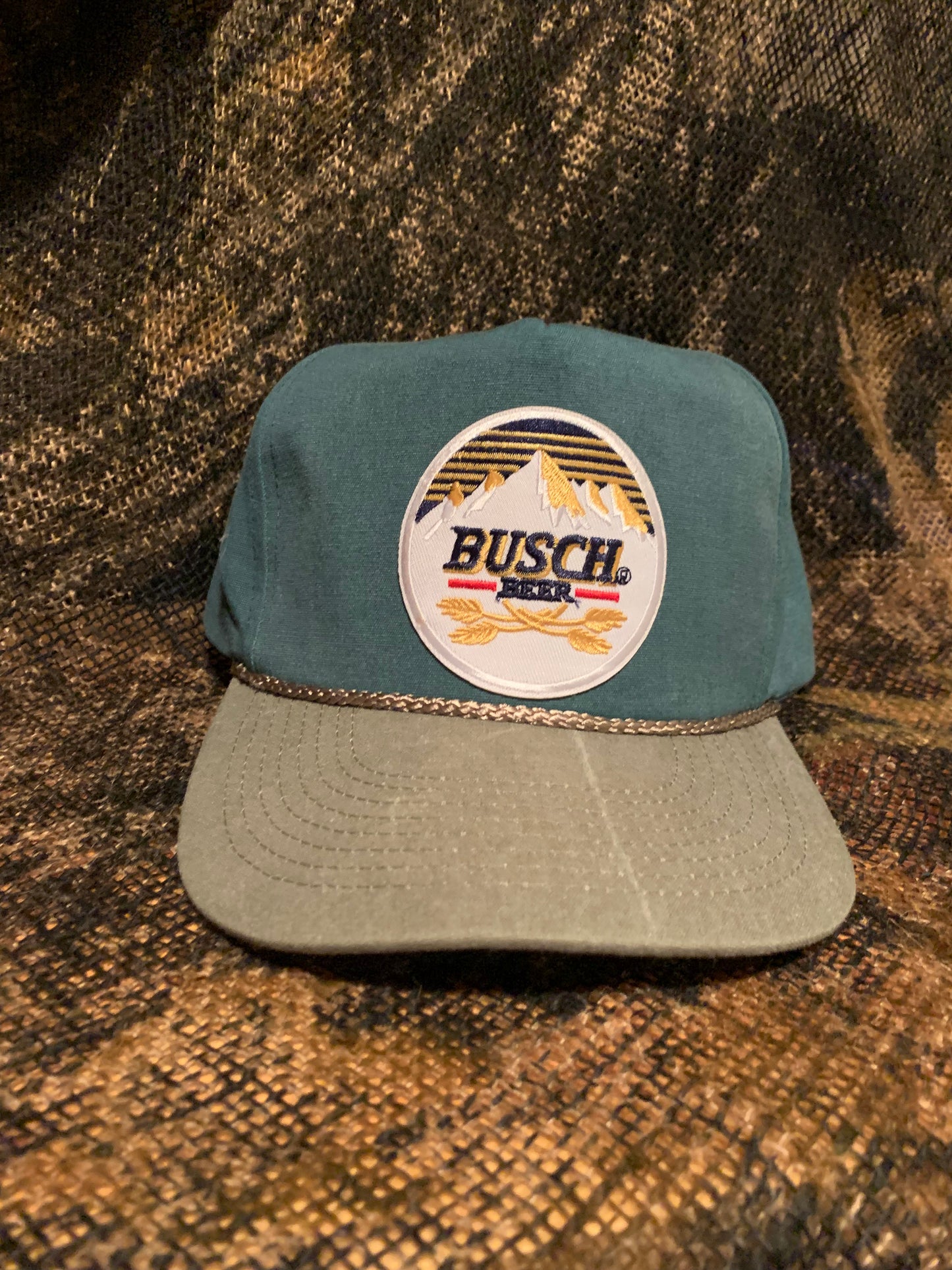 Busch Beer patch on a vintage moss green & tan rope brim snapback hat