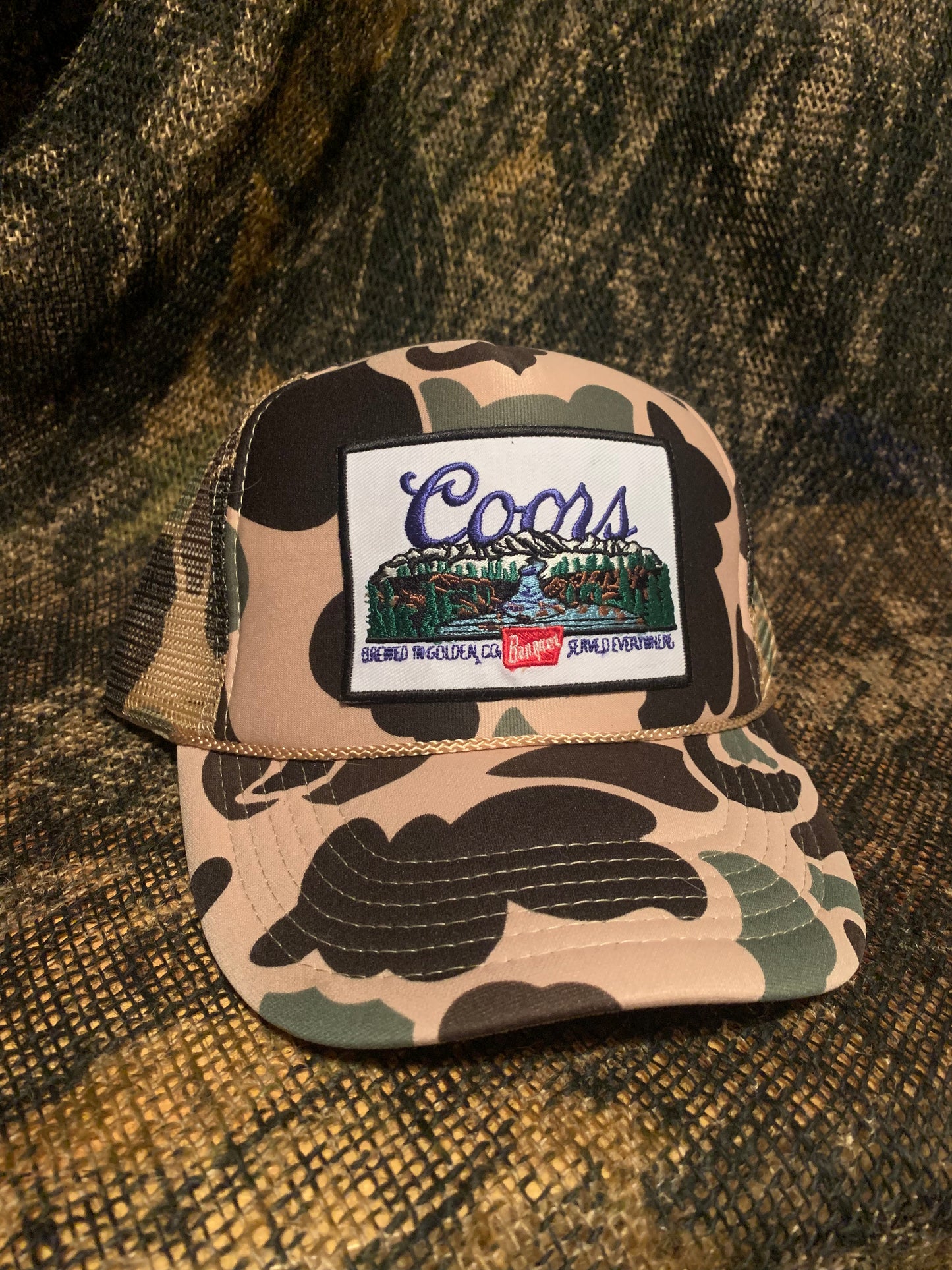 Coors Banquet patch on Camo rope brim snapback