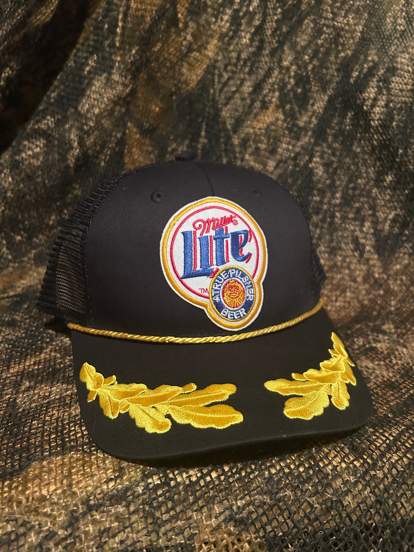 Miller Lite patch on a vintage Black wreathed adjustable trucker hat