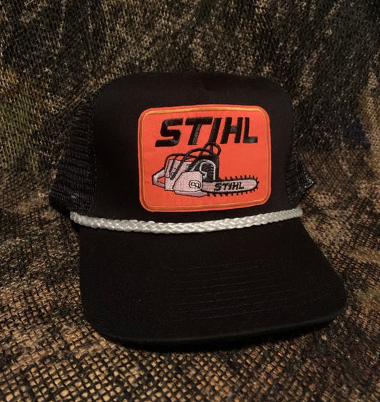 STIHL Patch on a black white rope brim snapback hat