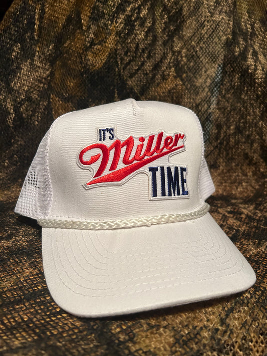 It’s Miller Time patch on a all white Ropebrim SnapBack trucker hat