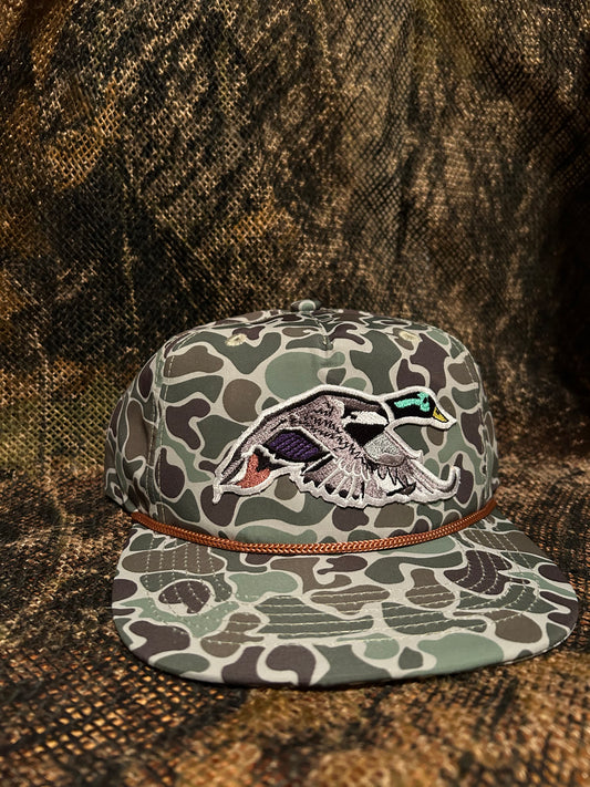 Mallard duck patch on a Jungle Camo Rope brim SnapBack Hat